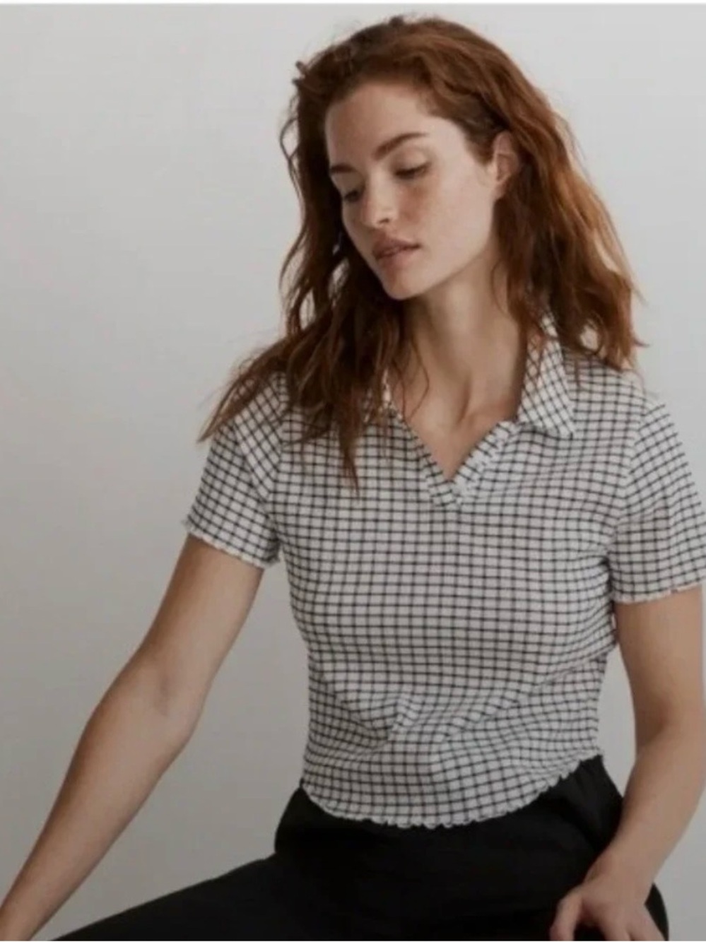 Madewell Crinkle Polo Crop Tee Black & White Grid